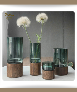 Bình hoa thủy tinh đế gỗ decor nhà cửa cao cấp